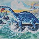 Colorful artwork: Blue dinosaur swims in ocean with pterosaurs
