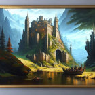 Fantasy landscape with golden tower, ancient ships, cliffs, and calm waters