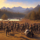 Historical army in uniforms marching through forest towards river and mountains at sunset