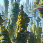 Futuristic cityscape with green and yellow towers, lush vegetation, and flying vehicles