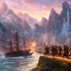 Armored warriors onshore watching companions aboard boat with snowy mountains and pink sky.