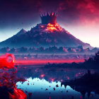Digital art of castle on hill at sunset with village and lake
