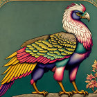 Mythical bird illustration with eagle head and colorful plumage on branch in vintage frame