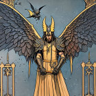 Regal figure with dark angelic wings in ornate armor, crown, surrounded by candles and mystical