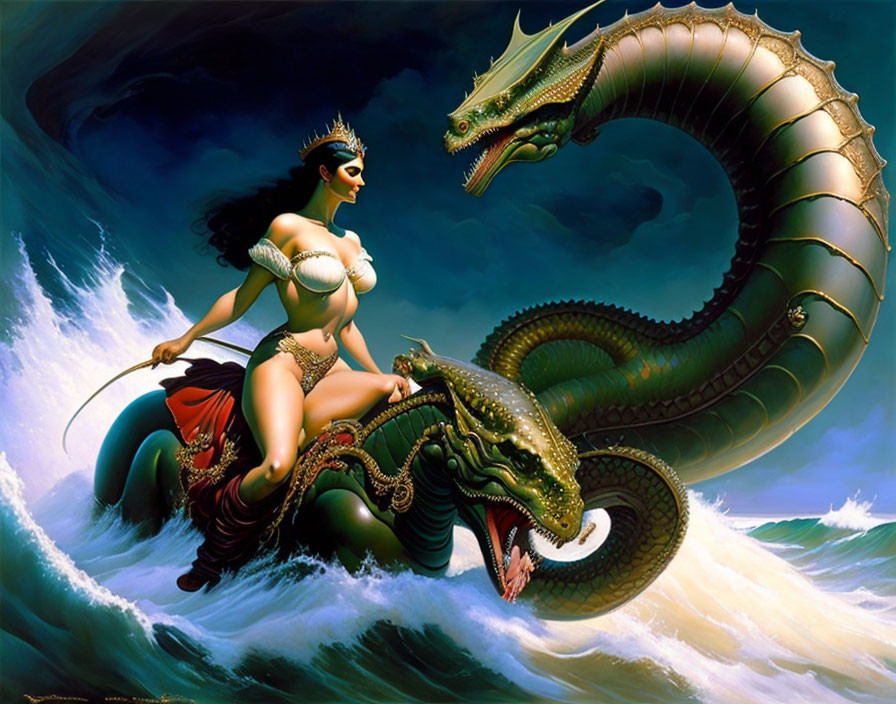 Warrior woman in bikini rides sea serpent with spear and shield