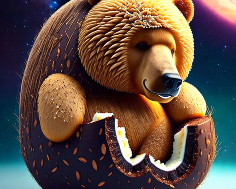 Chubby bear emerging from cracked chocolate egg with almond-studded coat