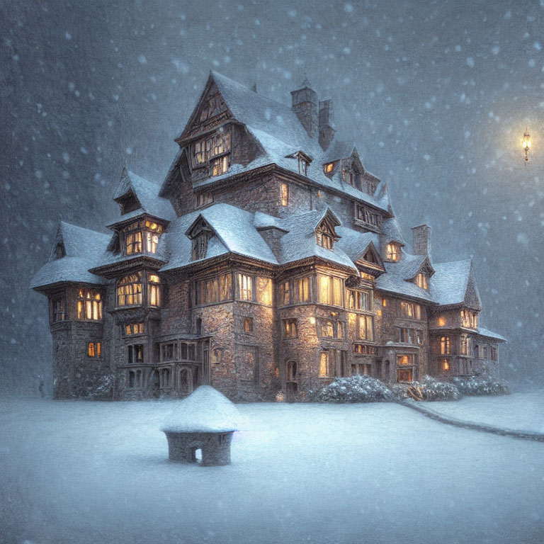 Spacious timber house with illuminated windows in snowy twilight