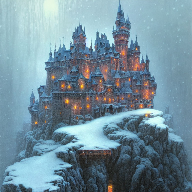 Elaborate Snowy Cliff Castle in Tranquil Snowfall