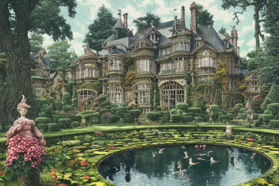 Victorian-style mansion with gardens, pond, and statue.