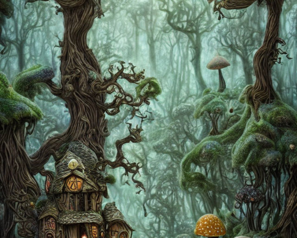Enchanting forest with whimsical trees, fairy-tale house, mushrooms, and moss-covered grounds