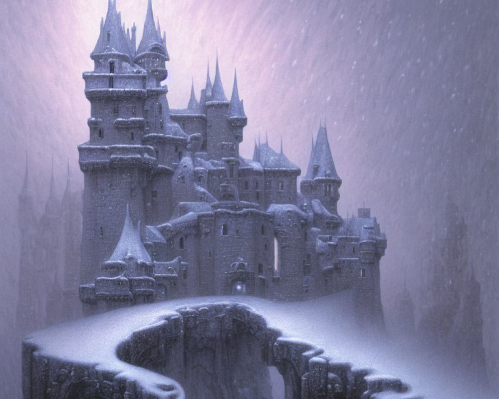 Snowy Cliff Castle Enveloped in Mystical Snowfall Haze