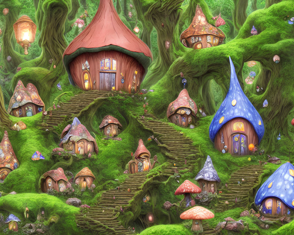 Whimsical forest scene with mushroom houses and staircase