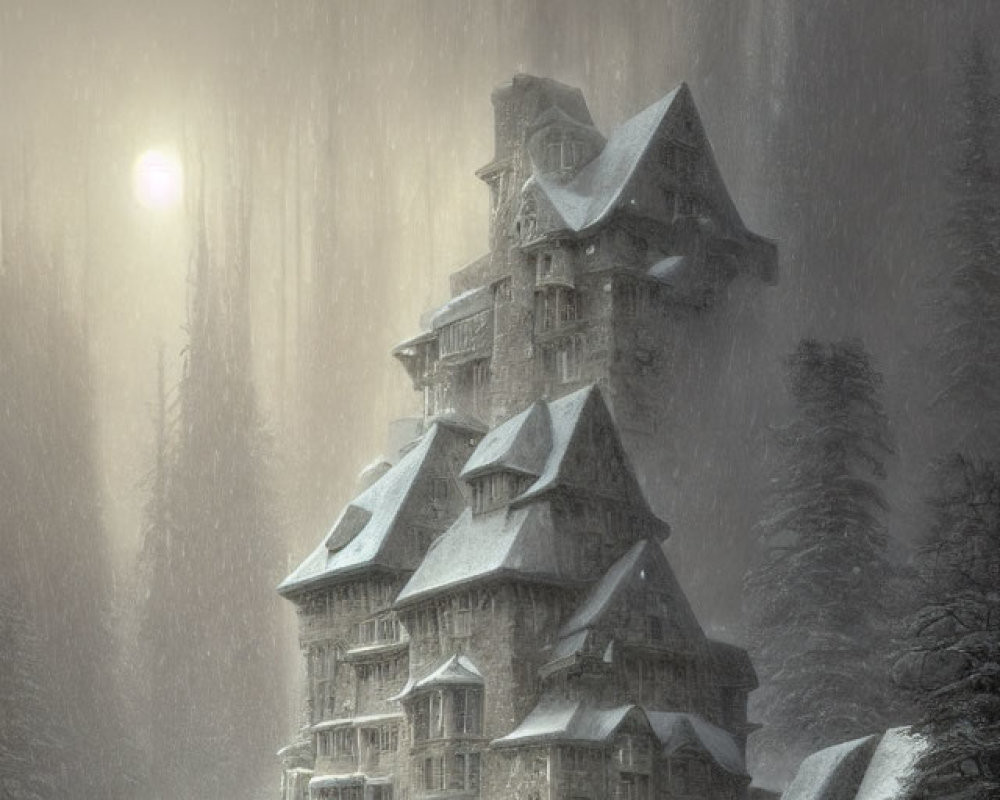 Grand Wooden House in Snowy Forest with Falling Snowflakes