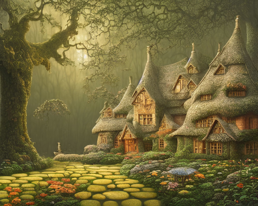 Whimsical cottages in enchanted forest with stone path