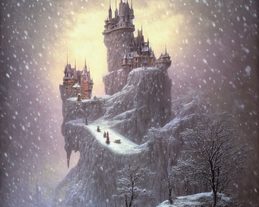 Snowy cliff fantasy castle with warm lights and travelers on winding path