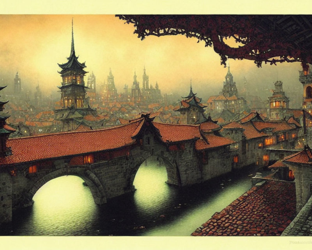 Fantasy cityscape with mist, ornate towers, stone bridges, cobblestone streets, twilight