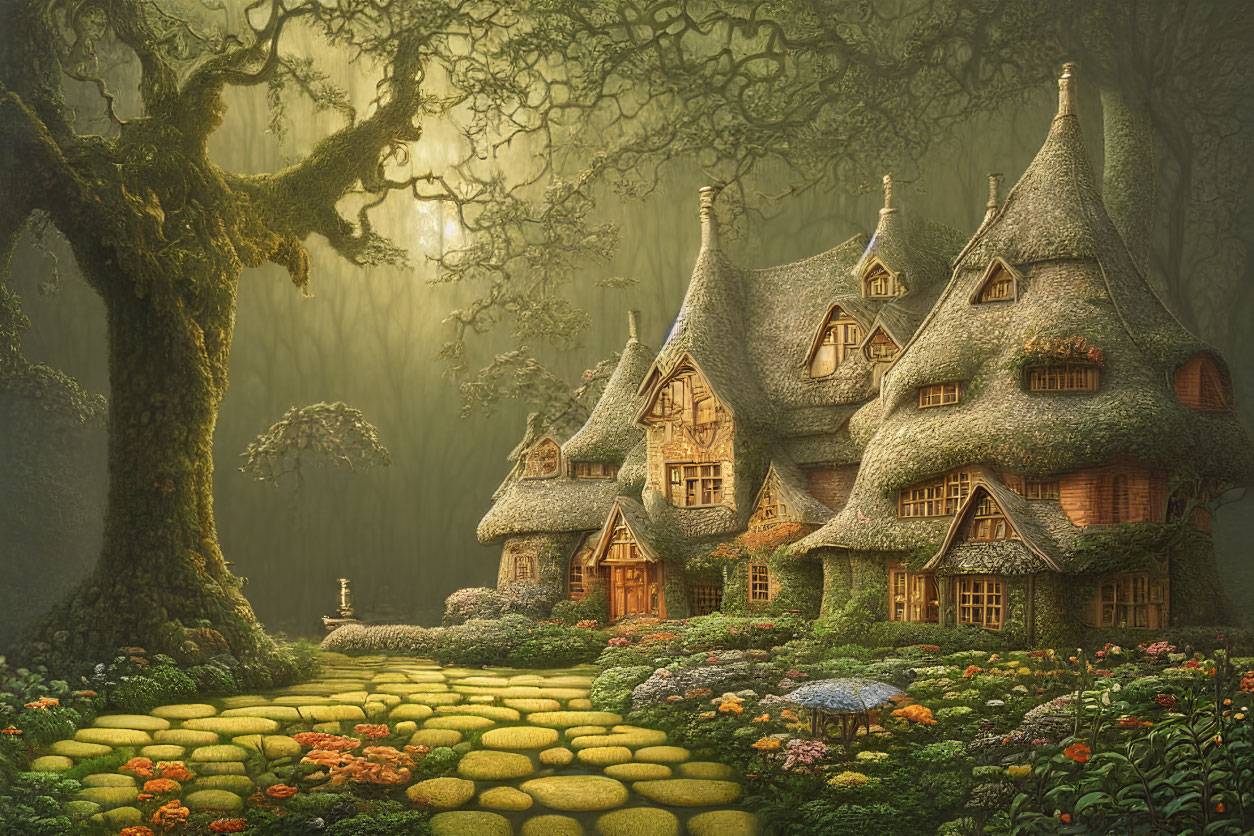Whimsical cottages in enchanted forest with stone path