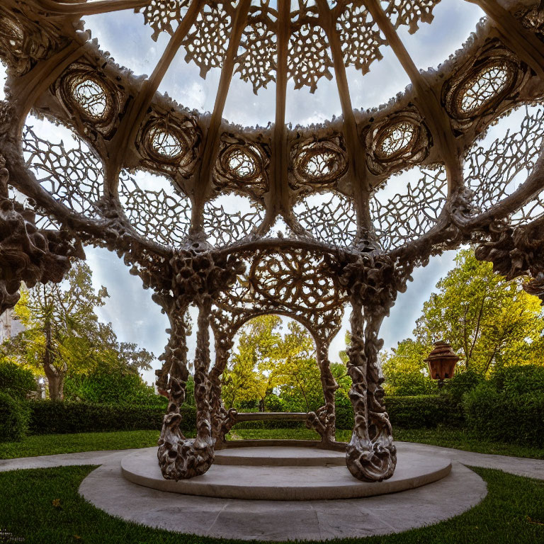 Ornate lattice gazebo in serene garden setting