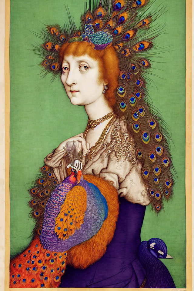 Woman with Peacock Headdress and Exotic Bird on Arm in Green Background