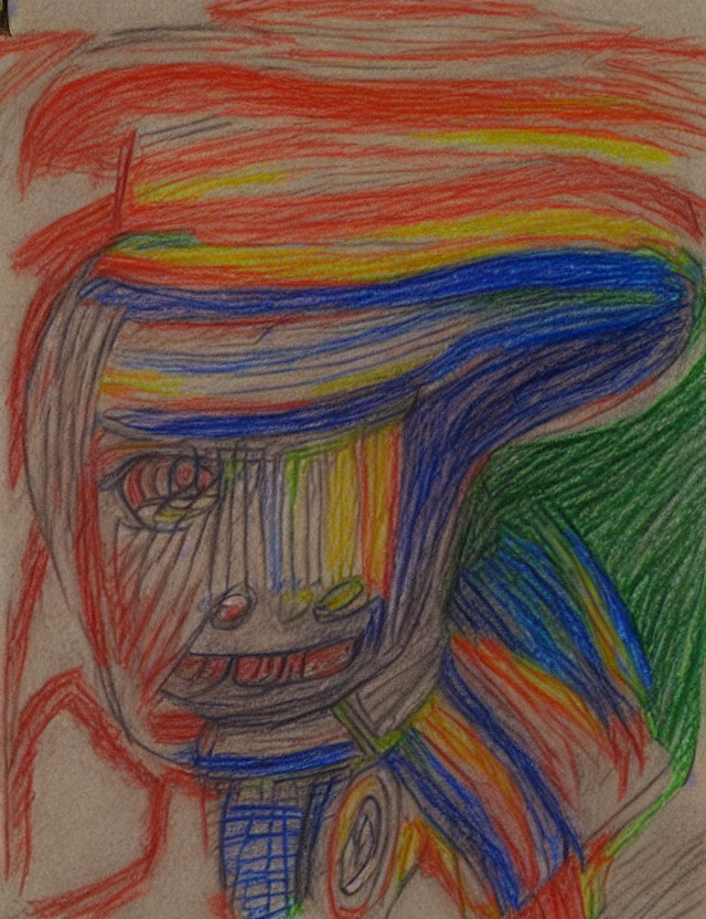 Vibrant child's drawing of whimsical face on textured paper