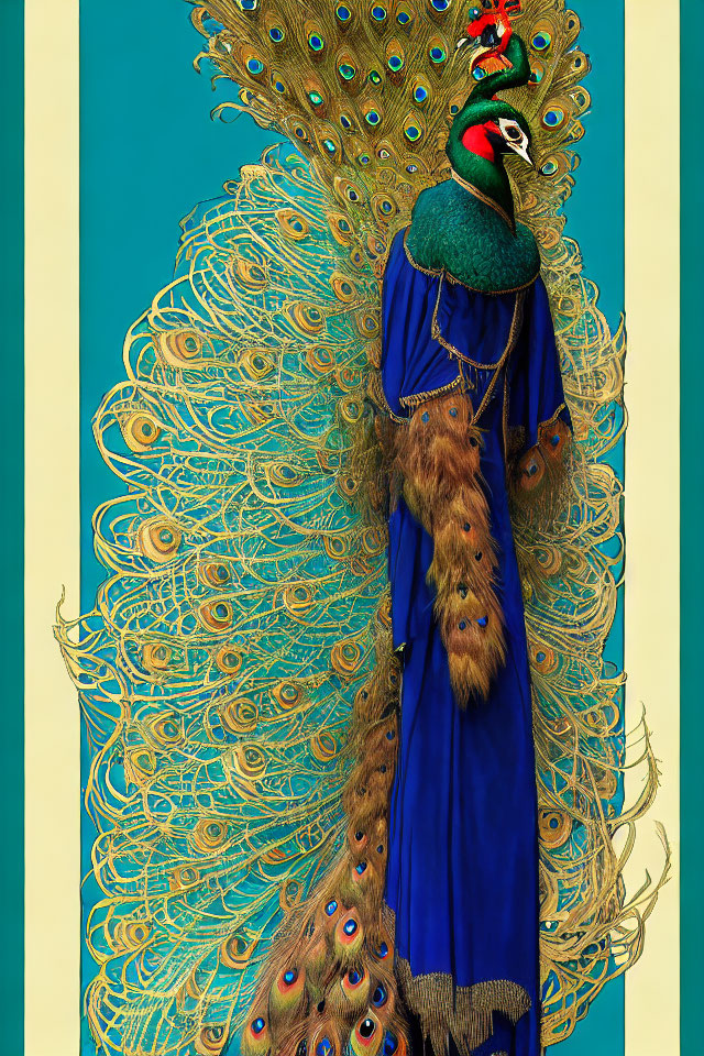 Opulent peacock displaying tail feathers on turquoise and gold background