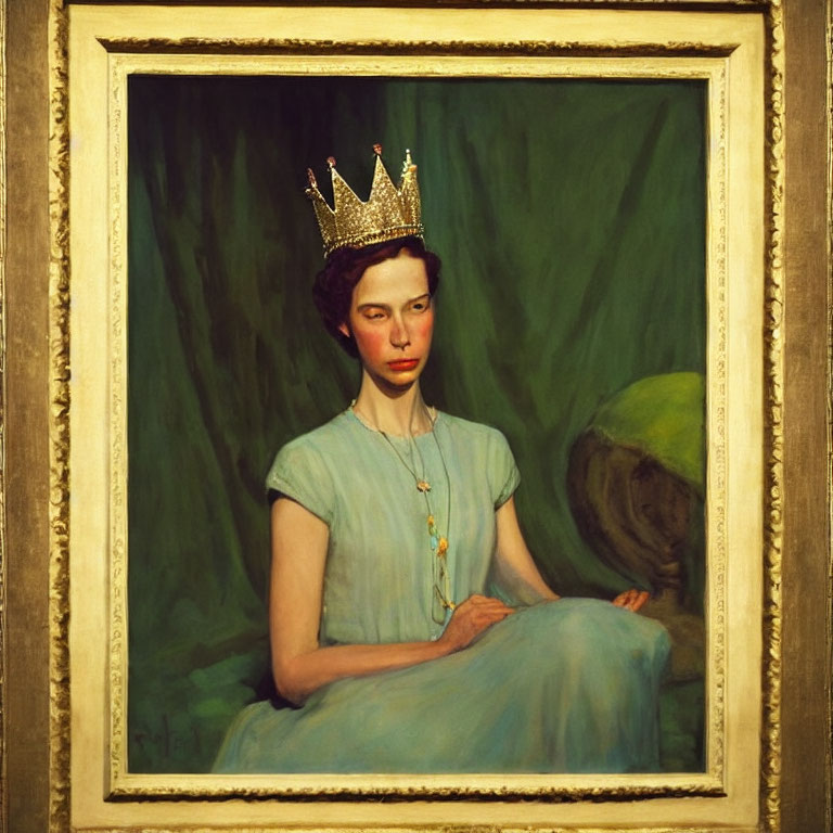 Portrait of Person in Crown and Blue Dress on Green Background