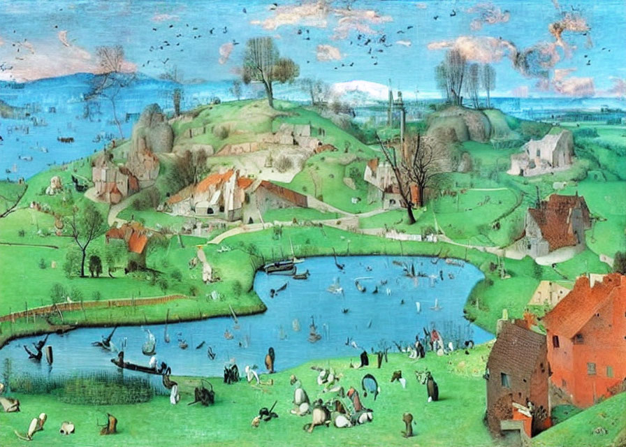 Medieval landscape with villagers, cottages, boats, and greenery