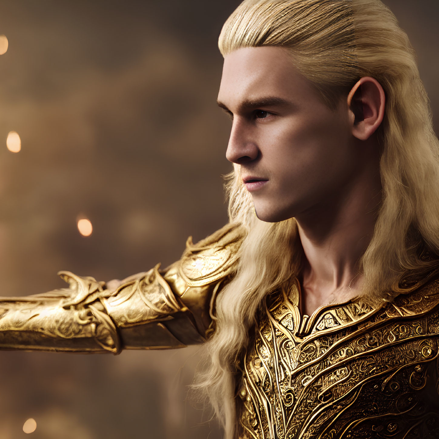 Blond-haired elf in golden armor against glowing embers background