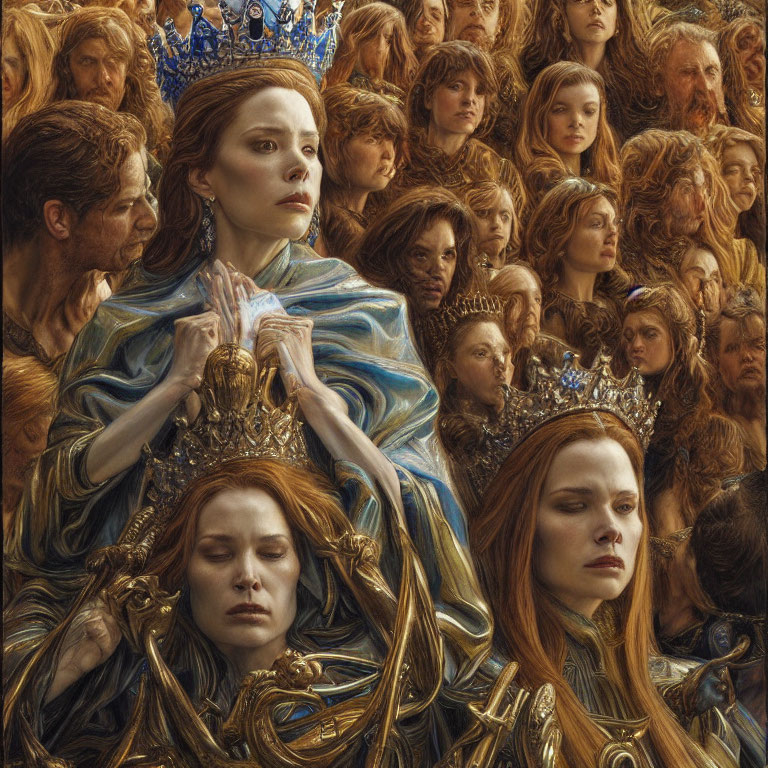 Regal woman with crown surrounded by solemn faces in royal court scene