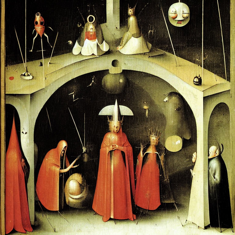 Medieval painting of anthropomorphic creatures in red cloaks with surreal activities and birds in arched structure