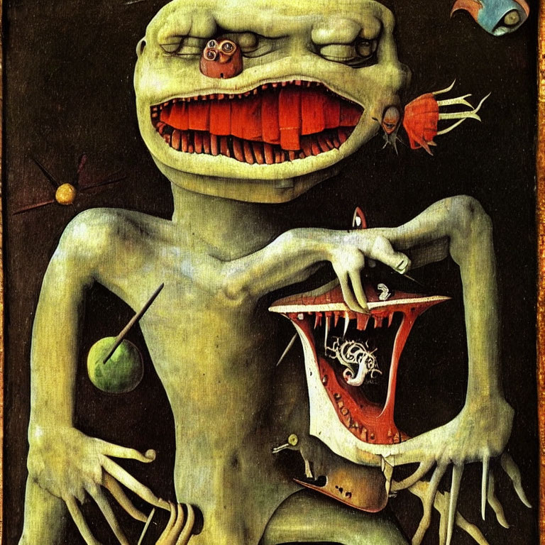 Surreal green humanoid creature with oversized mouth and fantastical elements on dark background
