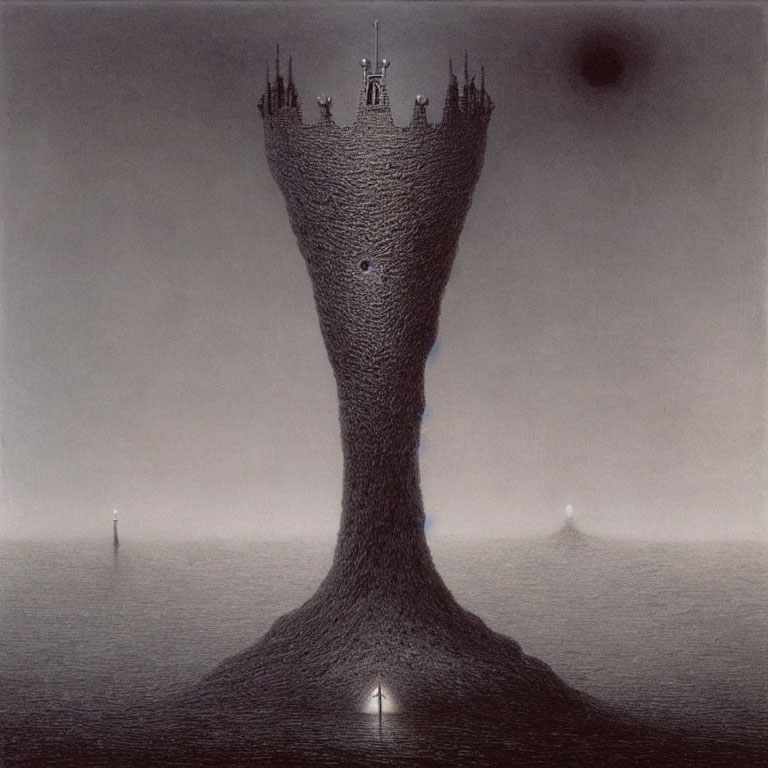 Surreal illustration: tall tree-like tower with castle under dark sky