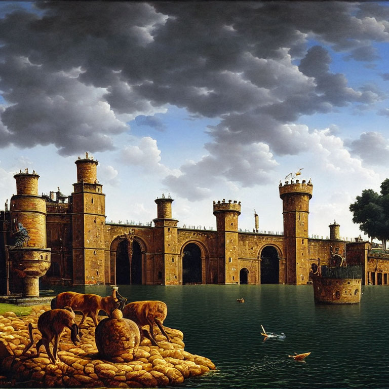 Old fortress with towers, deer, ducks, and dramatic sky.