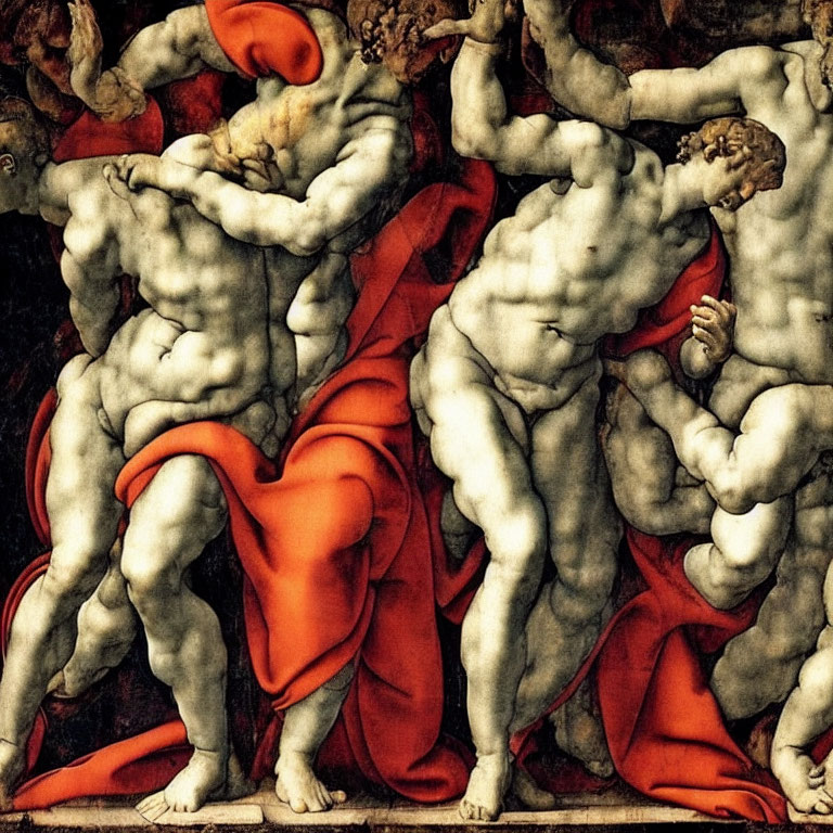 Classical painting of muscular figures in dynamic poses with drapery.