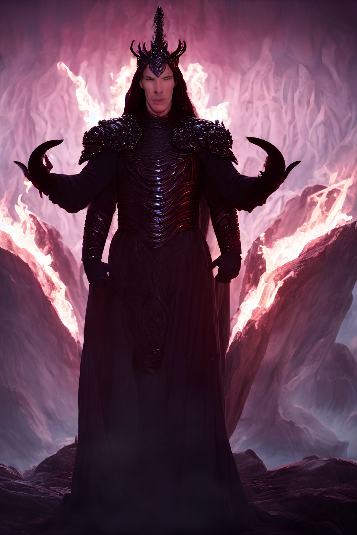 Elaborate dark fantasy armor with horns against red crystal background