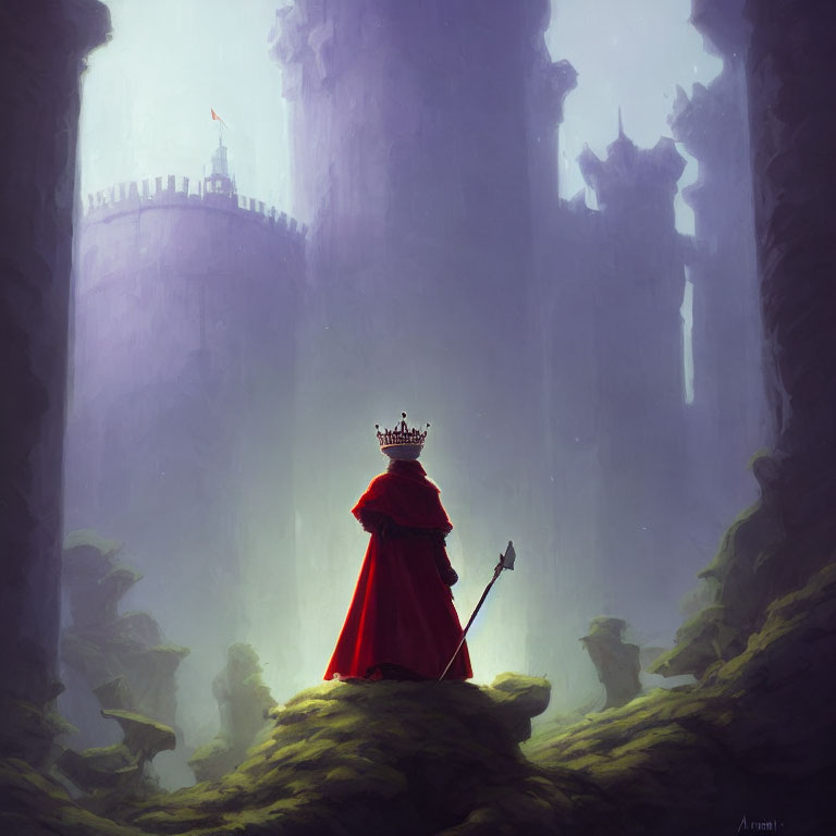 Regal figure in red cloak and crown at misty castle walls