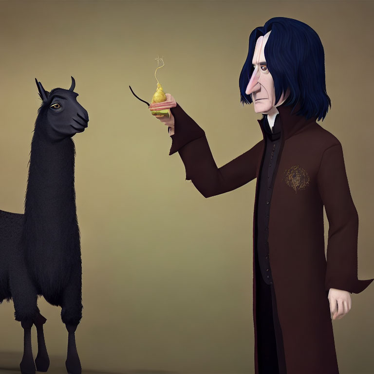 Stylized illustration of man with long black hair and dark coat offering golden onion to black goat