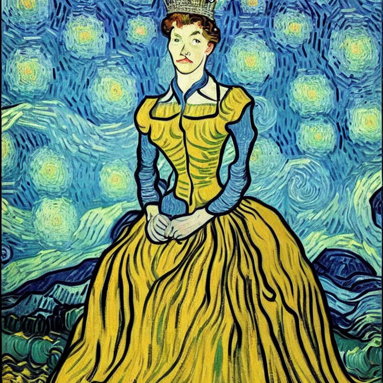 Illustrated portrait of a woman in yellow dress on blue background in swirling style