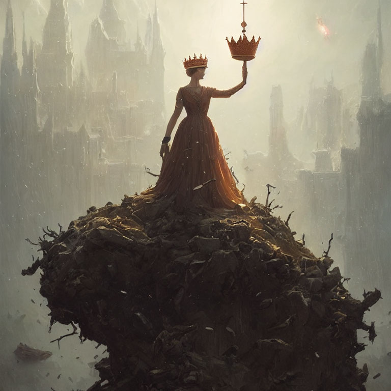 Queen in Flowing Gown Holds Crown at Misty Gothic Castle