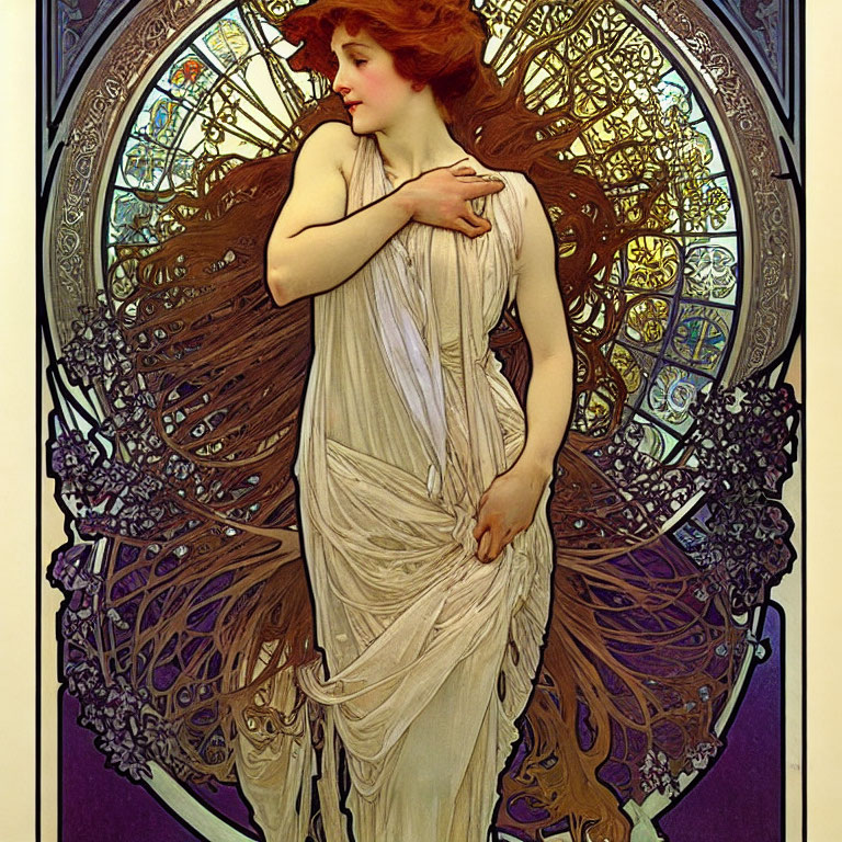 Stylized illustration of a woman with flowing hair and Art Nouveau aesthetic