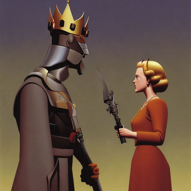 Stylized animated image of knight in armor and princess with sword