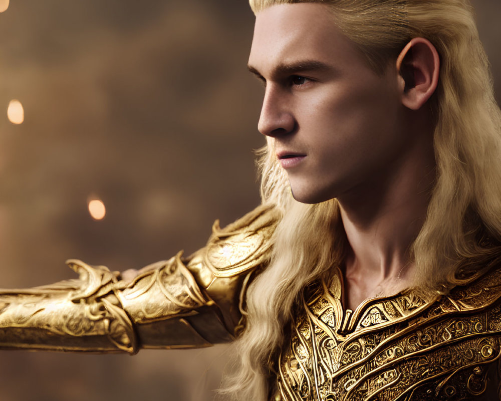 Blond-haired elf in golden armor against glowing embers background