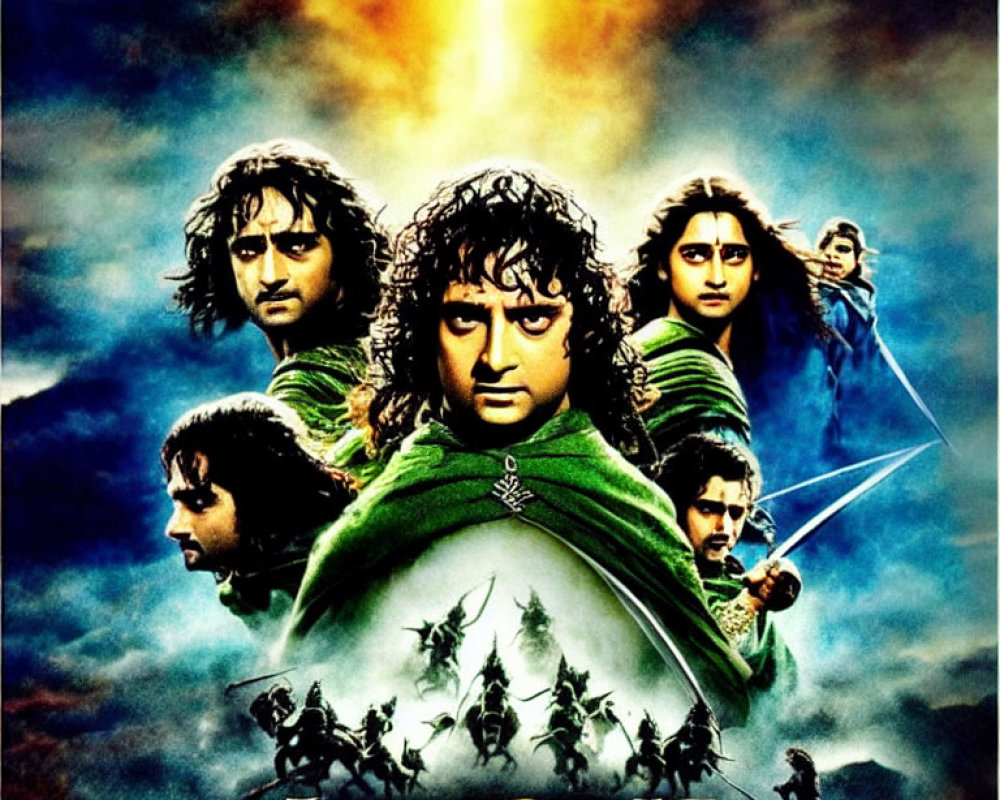 Movie poster: Four characters in green cloaks with swords under dramatic sky and central beam of light.