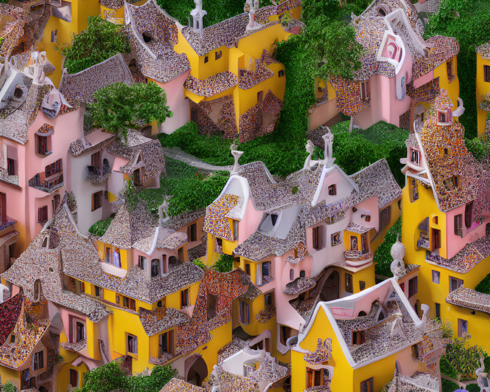 Colorful Illustration of Whimsical Houses with Trees in Pink and Yellow