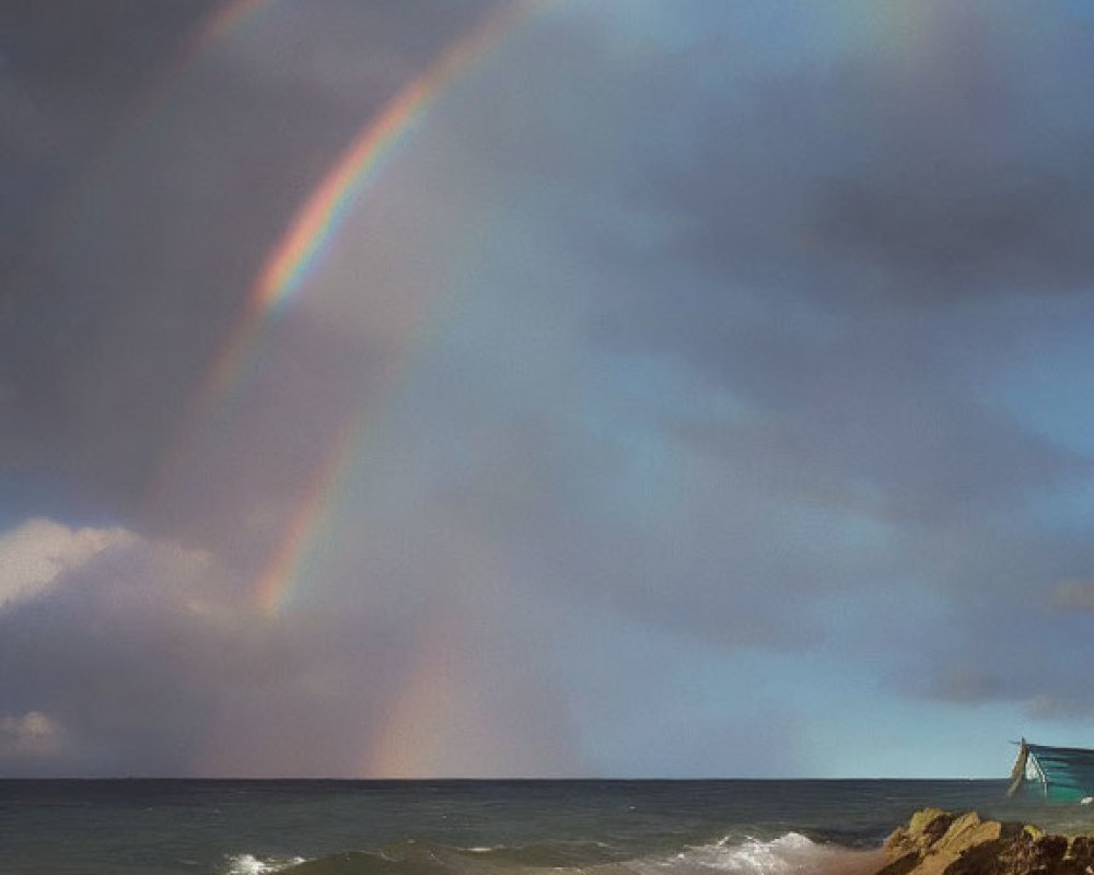 Vibrant double rainbow over stormy seascape