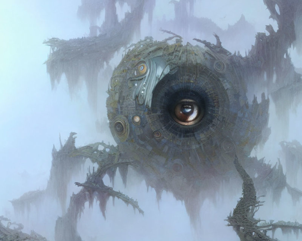 Mechanical eye in foggy, dystopian ruins and branches
