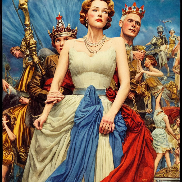 Regal couple in crowns depicted in classical painting style with historical figures and dramatic scenes.