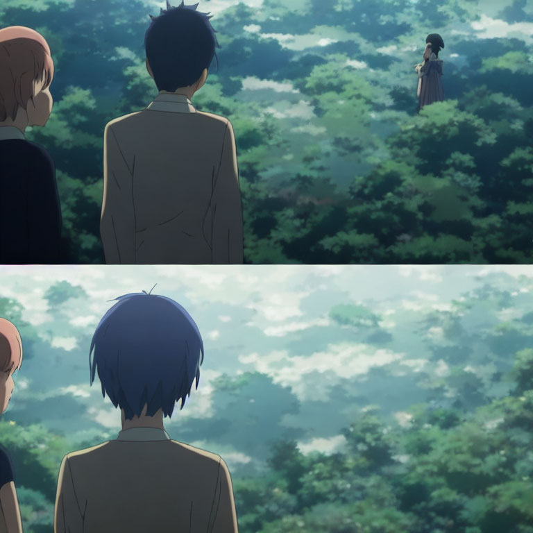 Anime scenes: Boy gazes at girl in forest, boy viewed from behind.
