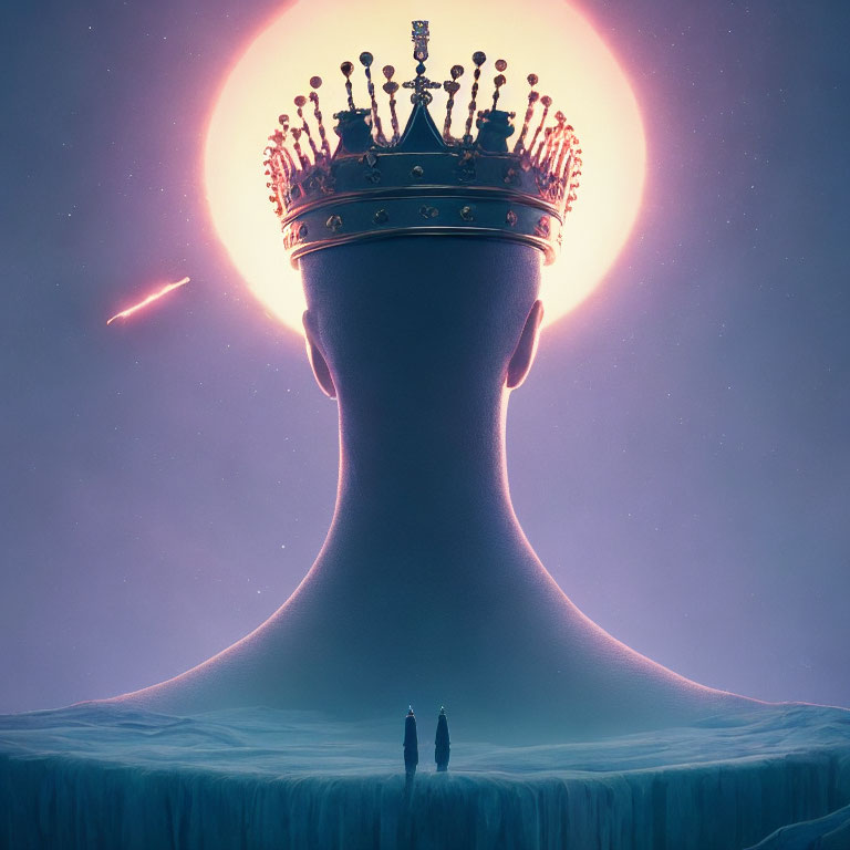 Silhouette of head with glowing crown and chess pieces, sun, comet, and figures on ledge