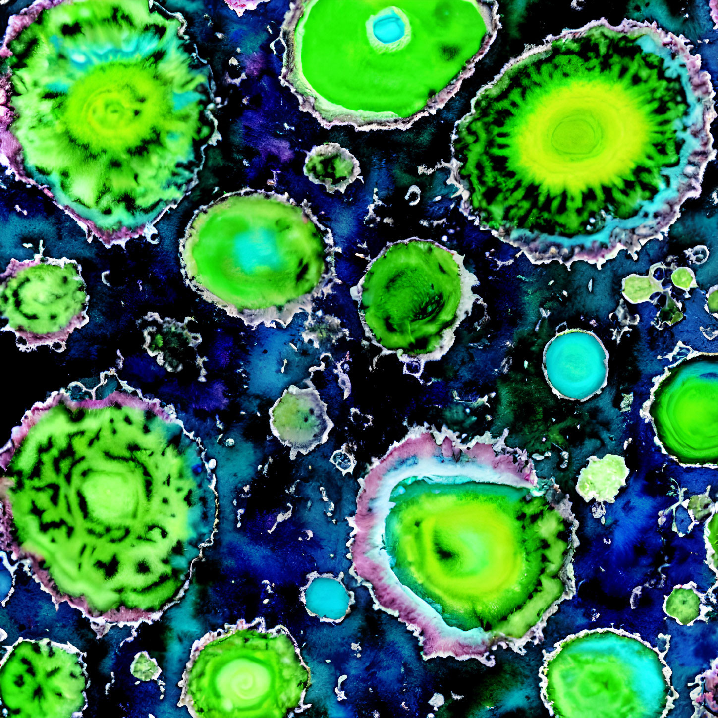 Vibrant abstract pattern of green, blue, and pink cells on dark background